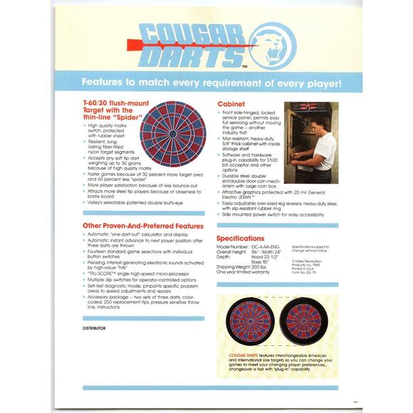 1989 Valley Cougar Darts Arcade Machine Sales Flyer Vintage Ephemera - Picture 2 of 2